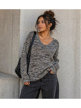 Roots Canada Marled Knit Sweater V Neck Lightweight Grey Size Large